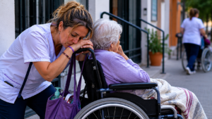 Trabajadora de ayuda a domicilio acompañando a una persona mayor durante una jornada de cuidados en un entorno urbano en España