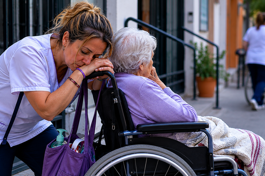 Trabajadora de ayuda a domicilio acompañando a una persona mayor durante una jornada de cuidados en un entorno urbano en España