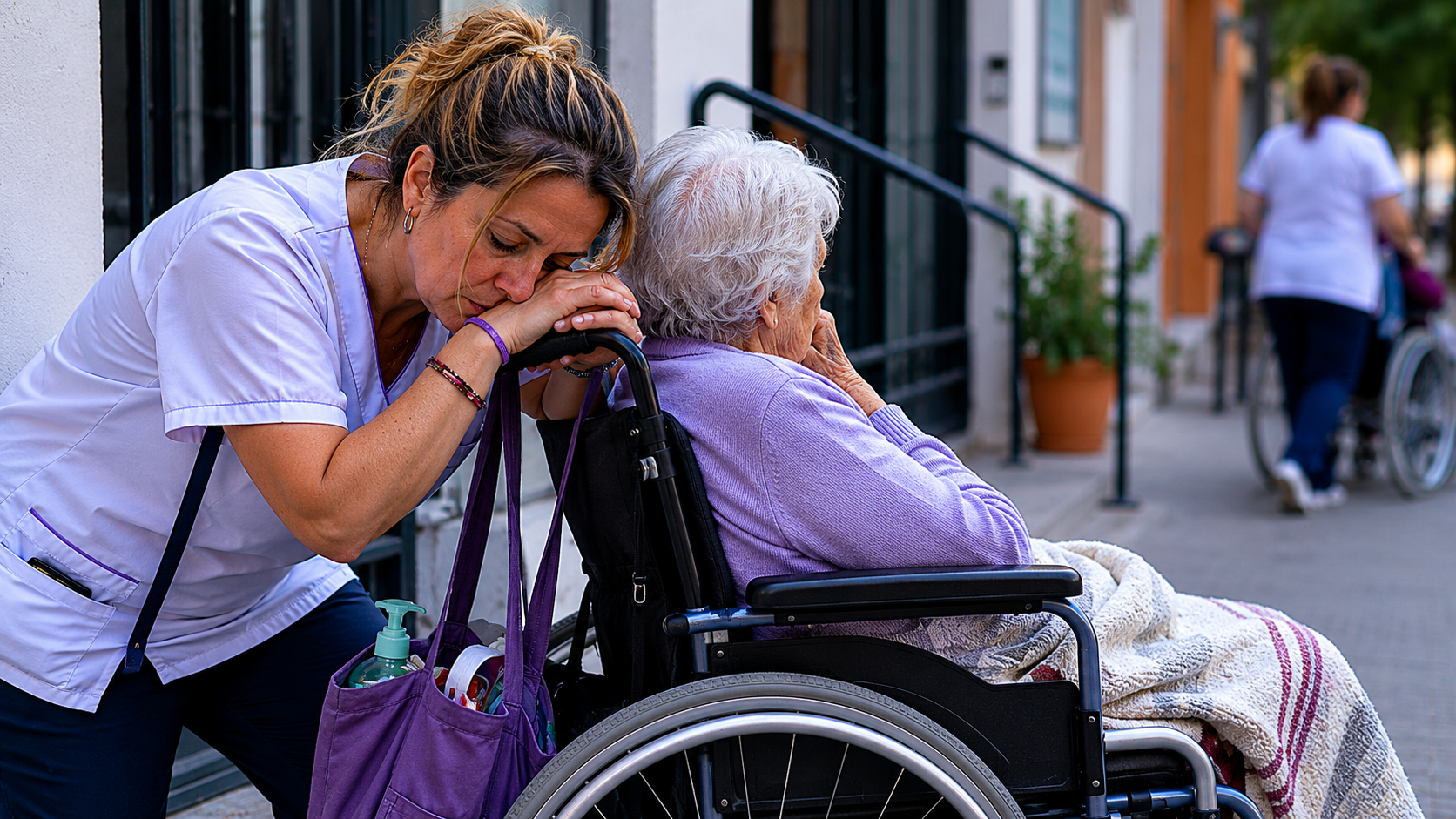 Trabajadora de ayuda a domicilio acompañando a una persona mayor durante una jornada de cuidados en un entorno urbano en España