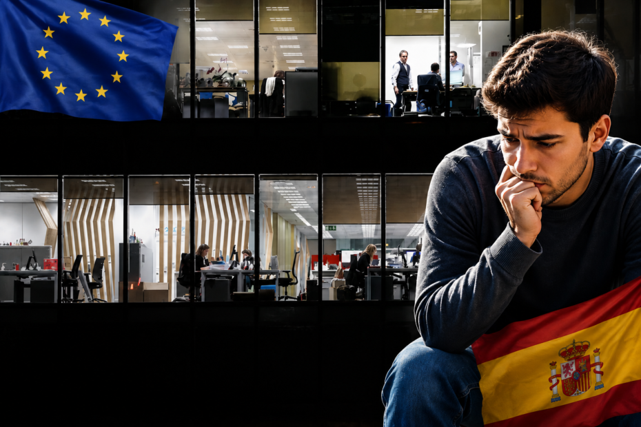 Joven preocupado frente a oficinas en España con banderas de Europa, reflejando la incertidumbre sobre el empleo y la economía