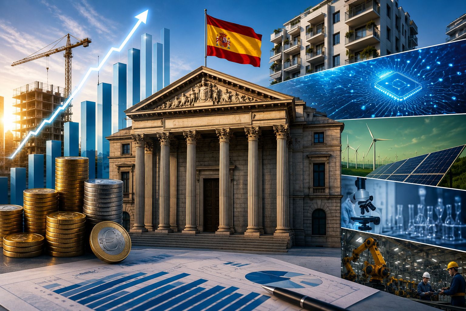 Representación del crecimiento económico en España con inversión pública, vivienda, tecnología e industria moderna