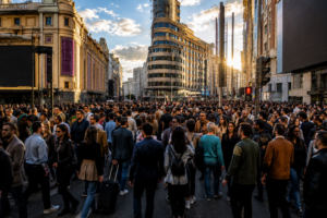 Multitud de personas caminando en una calle de Madrid reflejando la saturación por el crecimiento de población y turismo en España
