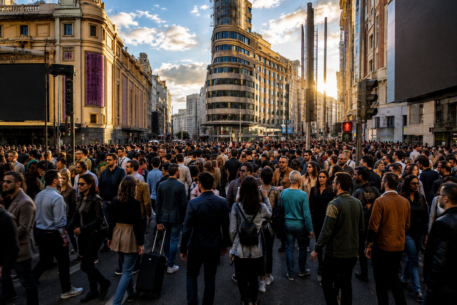 Multitud de personas caminando en una calle de Madrid reflejando la saturación por el crecimiento de población y turismo en España