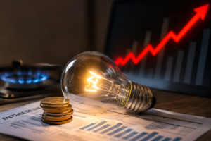 Bombilla encendida sobre una factura de energía junto a varias monedas, con una llama de gas y un gráfico ascendente desenfocado al fondo que representa el aumento de los costes de luz y gas en España.
