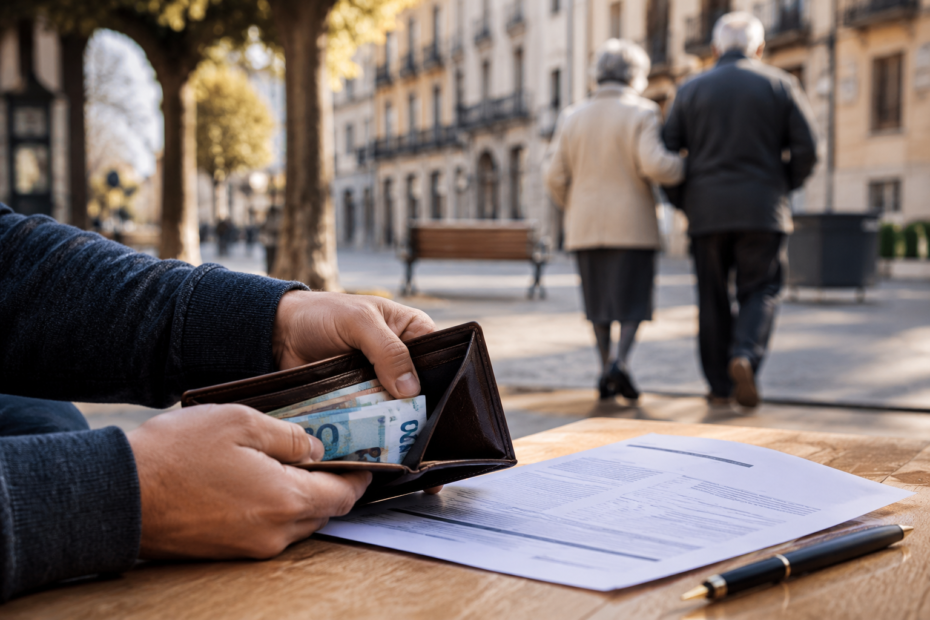 Joven trabajador y jubilados en una ciudad española en una imagen relacionada con el futuro de las pensiones