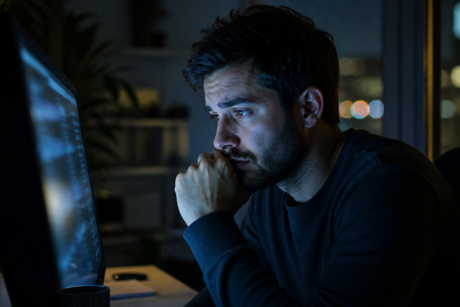 trabajador en España preocupado frente a un ordenador por el impacto de la inteligencia artificial en el empleo