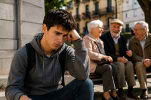 Joven preocupado pensando en su futuro mientras observa a personas mayores disfrutando su jubilación en España