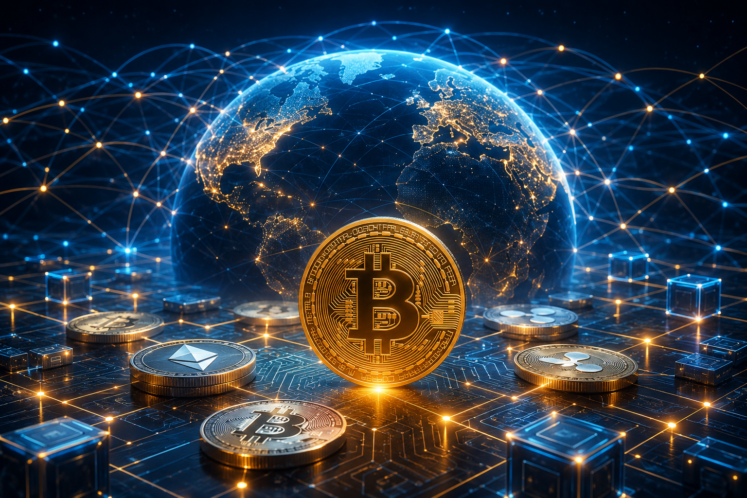 Representación futurista del mundo blockchain y las criptomonedas con Bitcoin, redes digitales y conexiones globales