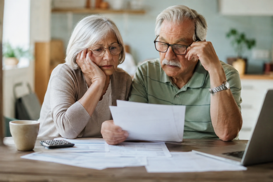 Pareja de adultos mayores revisando documentos con preocupación por los cambios en las pensiones en Europa y España