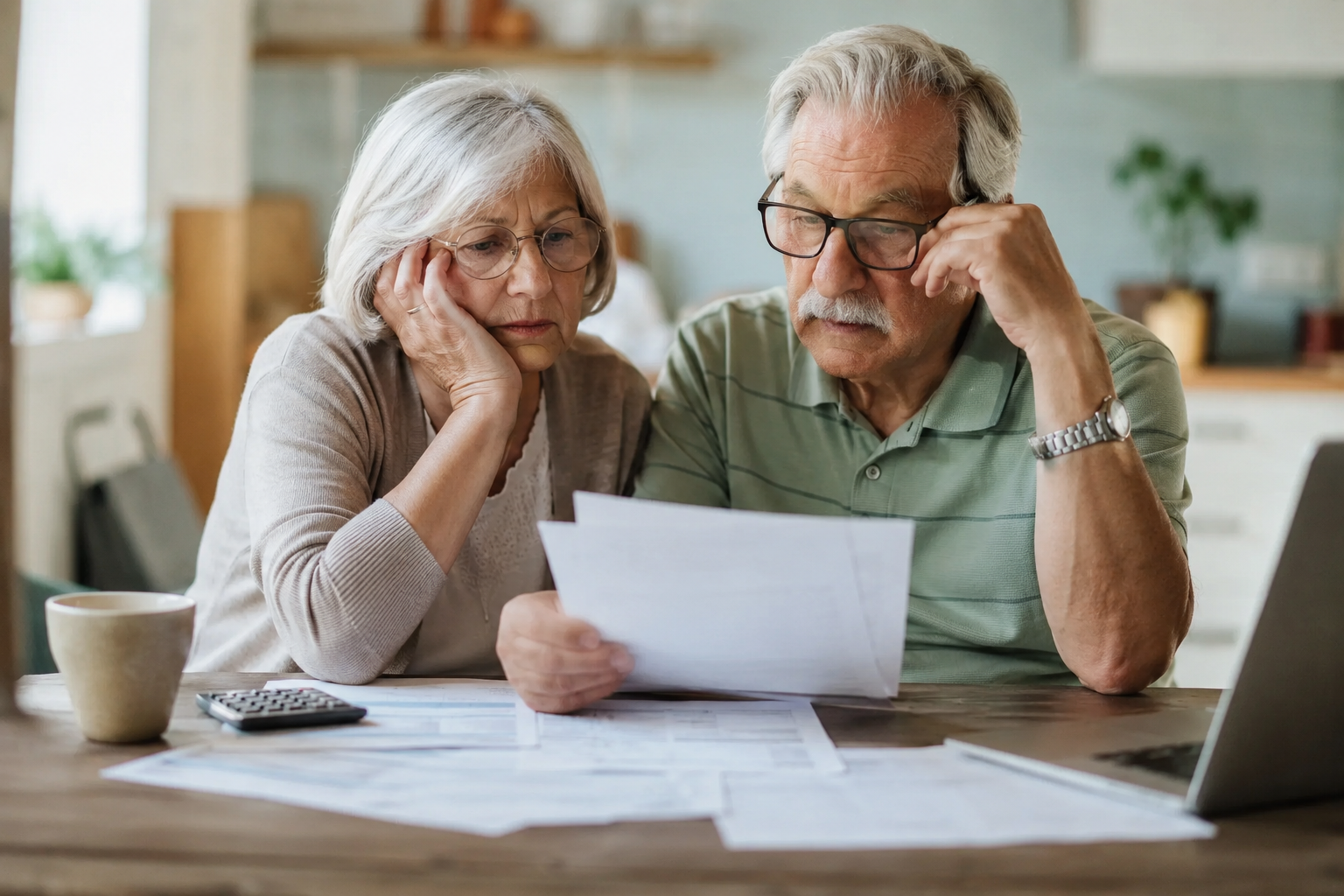 Pareja de adultos mayores revisando documentos con preocupación por los cambios en las pensiones en Europa y España