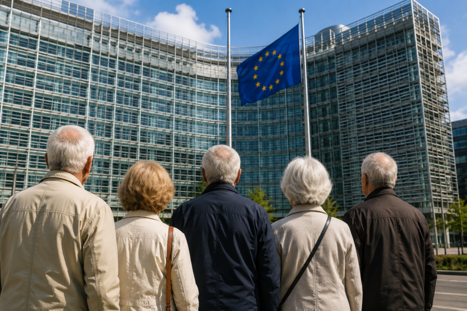 Grupo de personas mayores observando un edificio institucional en Europa ante posibles cambios en la edad de jubilación