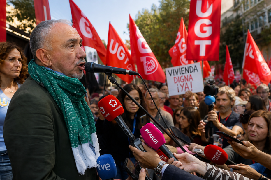 hombre hablando en protesta en España rodeado de manifestantes con banderas sindicales por el precio de la vivienda
