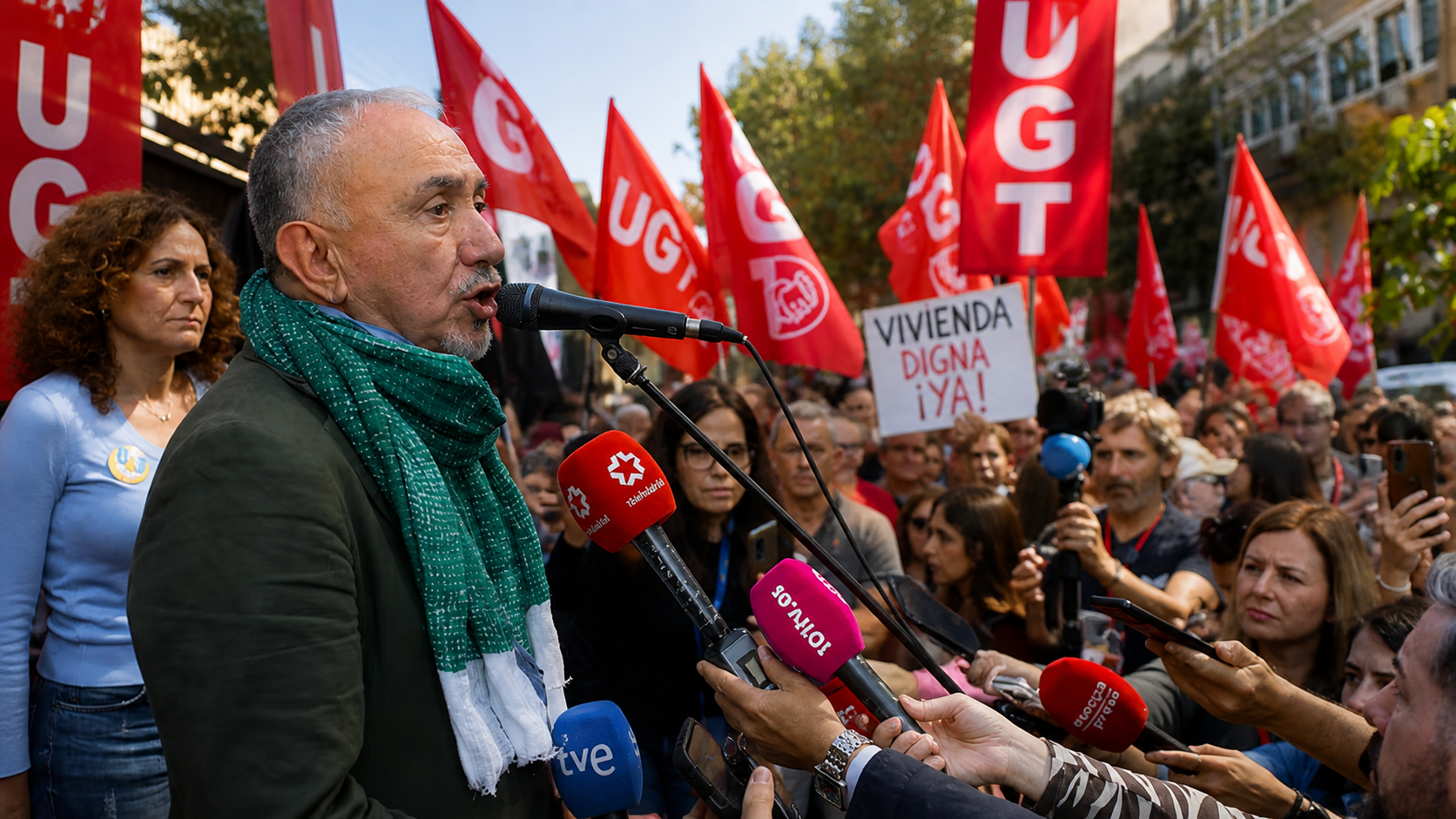 hombre hablando en protesta en España rodeado de manifestantes con banderas sindicales por el precio de la vivienda