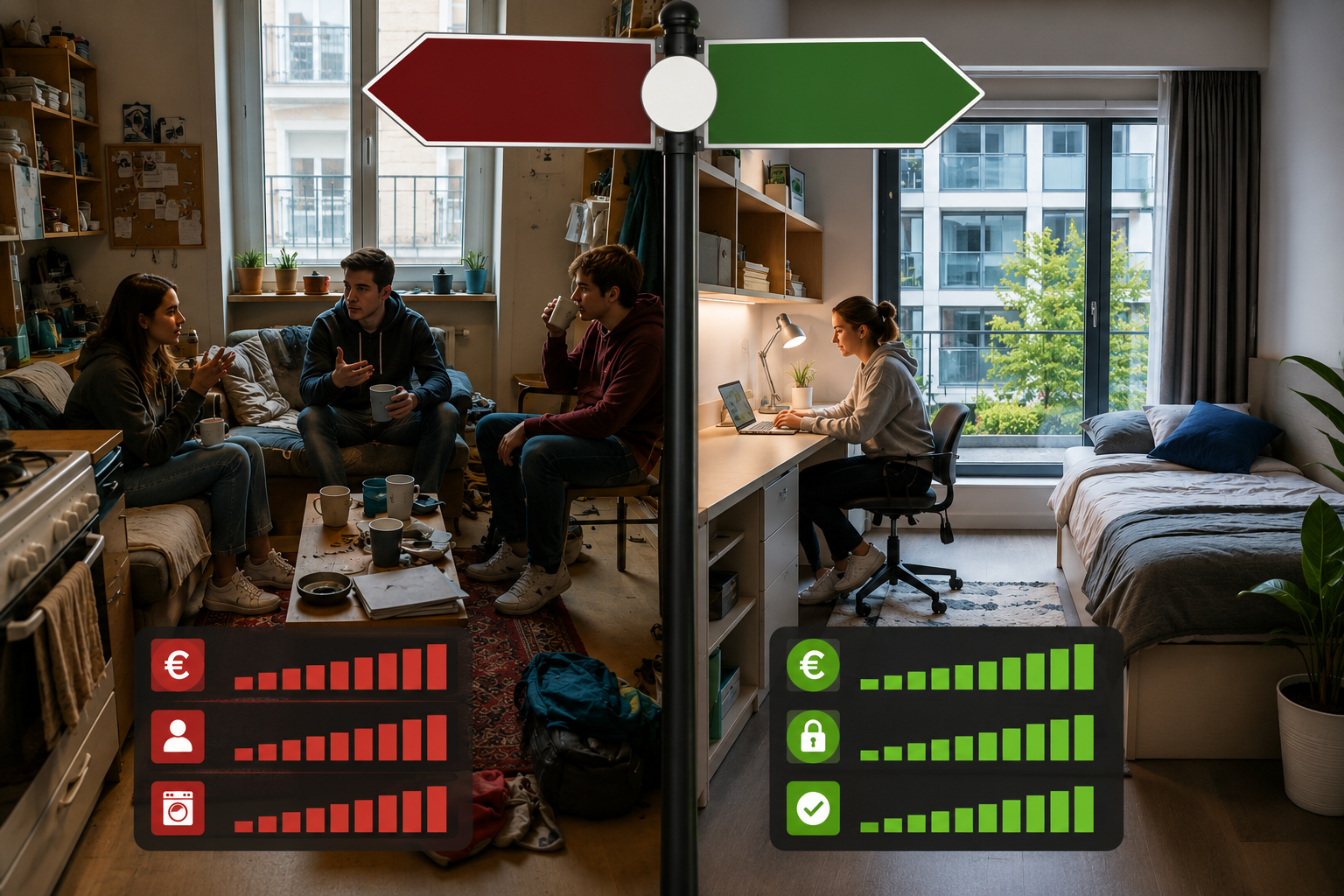 Comparación visual entre un piso compartido y una residencia de estudiantes en España con indicadores de costos y comodidad