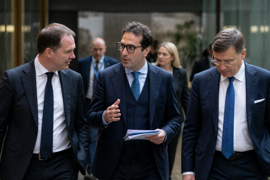 funcionarios europeos conversando sobre aranceles y tensiones comerciales con Estados Unidos