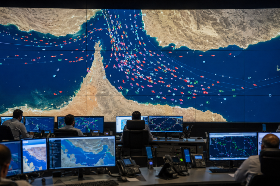 Mapa del estrecho de Ormuz mostrando la concentración de barcos y rutas marítimas afectadas por las restricciones al tráfico comercial.