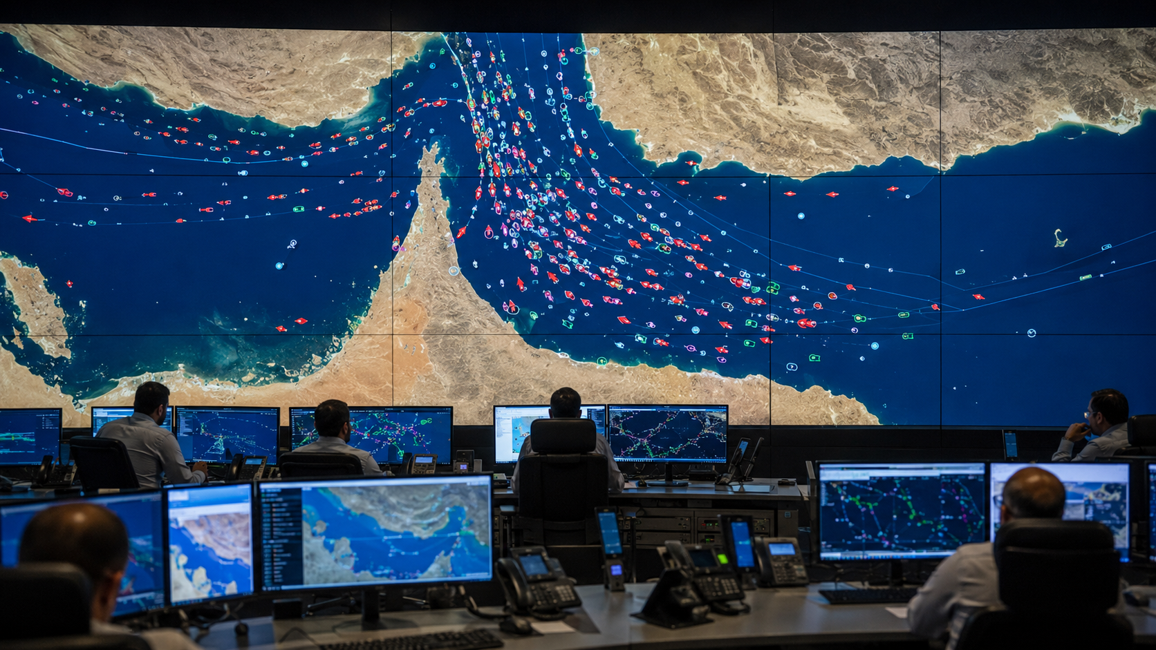 Mapa del estrecho de Ormuz mostrando la concentración de barcos y rutas marítimas afectadas por las restricciones al tráfico comercial.