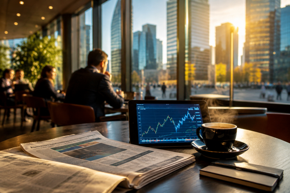 Cafetería en el distrito financiero de una ciudad europea con periódicos económicos, una tablet con información bursátil y edificios corporativos al fondo durante una mañana de optimismo en los mercados.