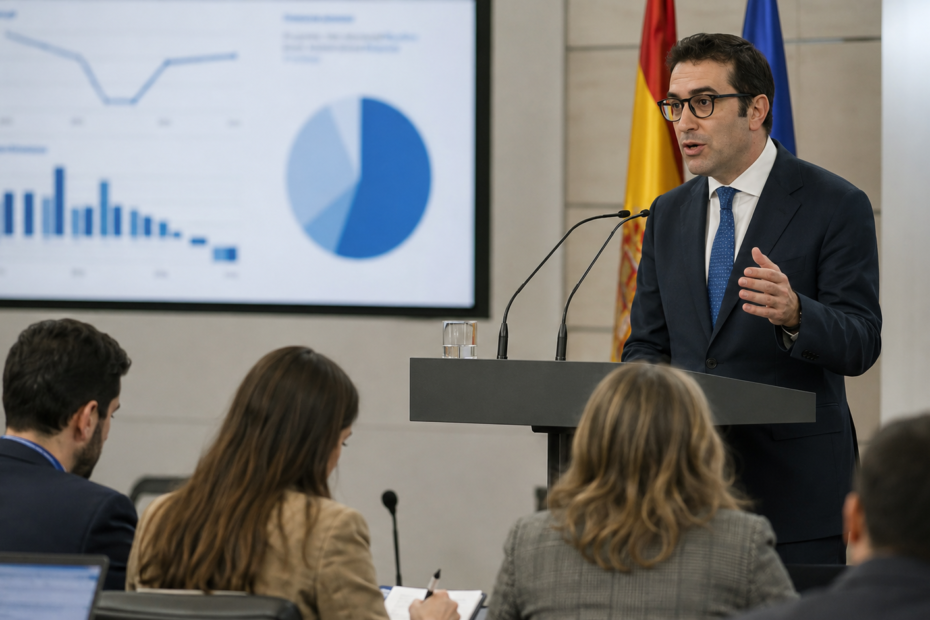 Representante del Gobierno durante una rueda de prensa explicando las nuevas previsiones de crecimiento económico para España en 2026.