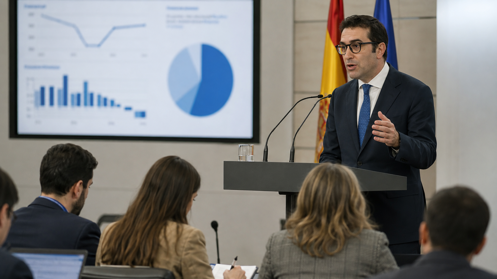 Representante del Gobierno durante una rueda de prensa explicando las nuevas previsiones de crecimiento económico para España en 2026.