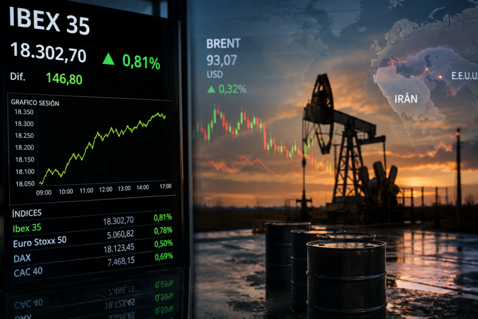 Pantalla financiera mostrando la evolución de los mercados mientras el Ibex 35 avanza y el petróleo se mantiene estable pese a las tensiones geopolíticas en Oriente Medio.