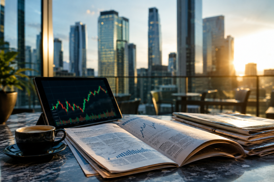 Mesa con prensa económica y gráficos financieros frente a un distrito empresarial europeo que refleja el máximo histórico alcanzado por el Ibex 35.