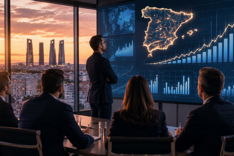 Empresarios observando gráficos financieros y el skyline de Madrid, imagen relacionada con el aumento de la inversión extranjera en España en 2026.