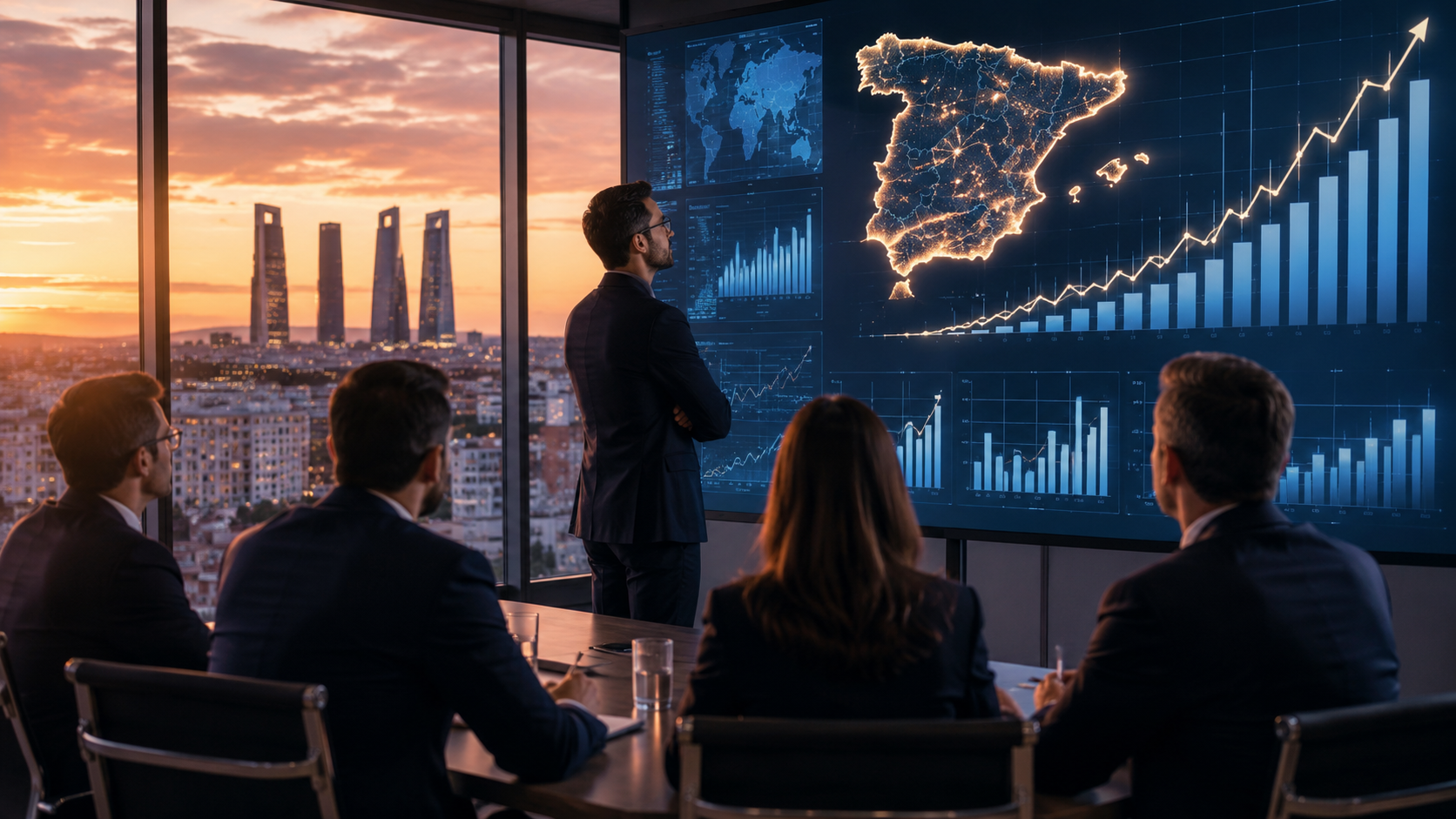 Empresarios observando gráficos financieros y el skyline de Madrid, imagen relacionada con el aumento de la inversión extranjera en España en 2026.