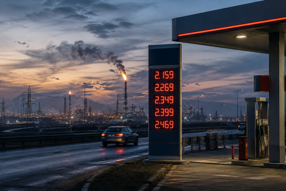 Instalaciones petroleras y gráficos financieros reflejan la volatilidad de los mercados tras el aumento de la tensión entre Irán y Estados Unidos.