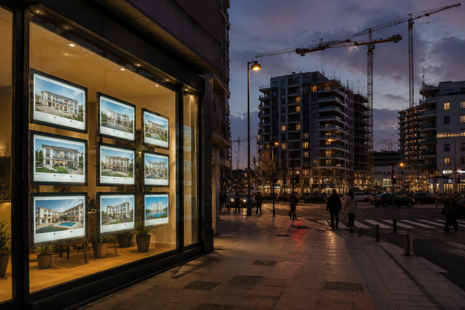 Escaparate de una inmobiliaria frente a edificios residenciales en una ciudad española donde el precio de la vivienda ha alcanzado máximos históricos.