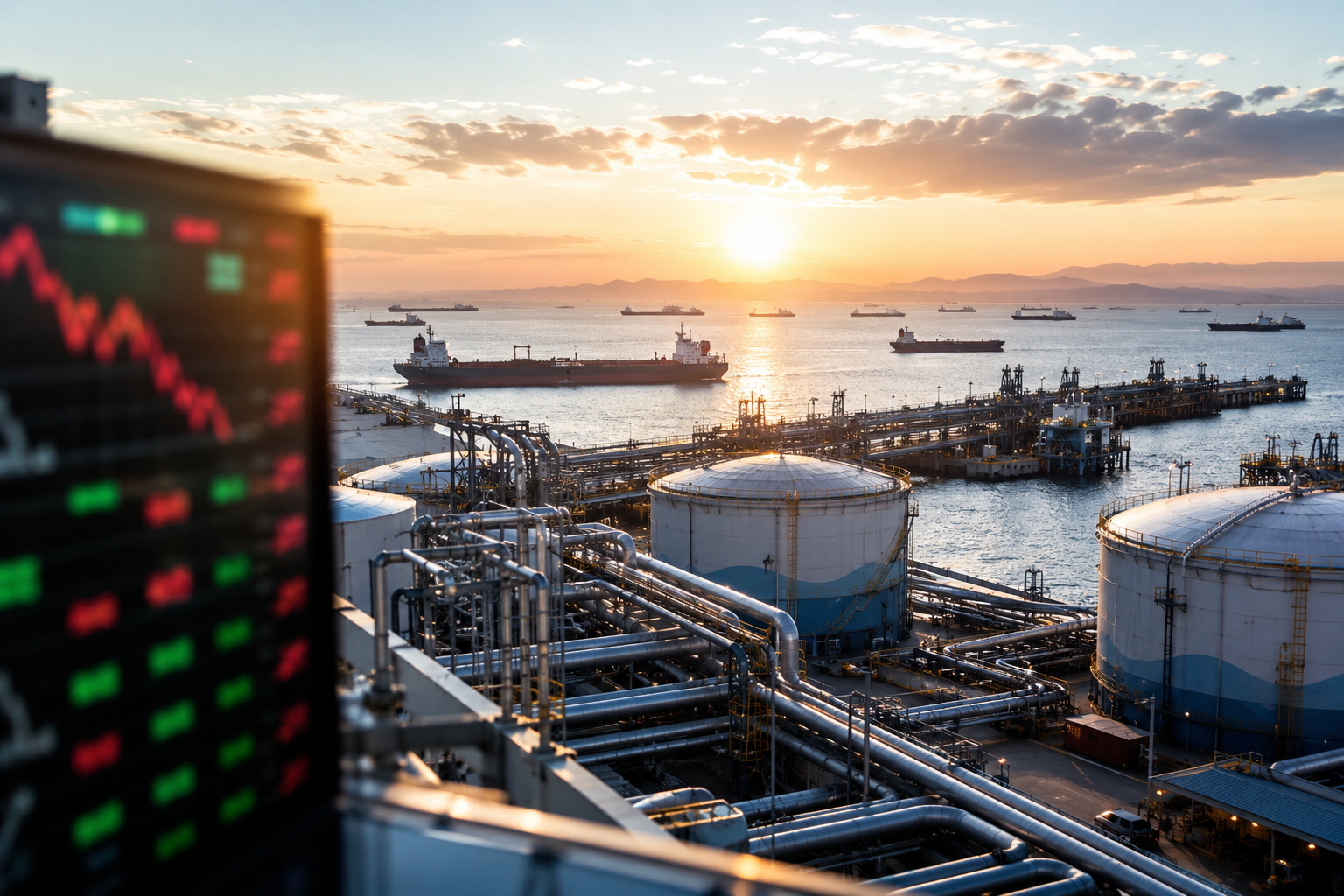 Petroleros navegando junto a una terminal energética tras la reapertura de una importante ruta marítima para el comercio mundial de petróleo.