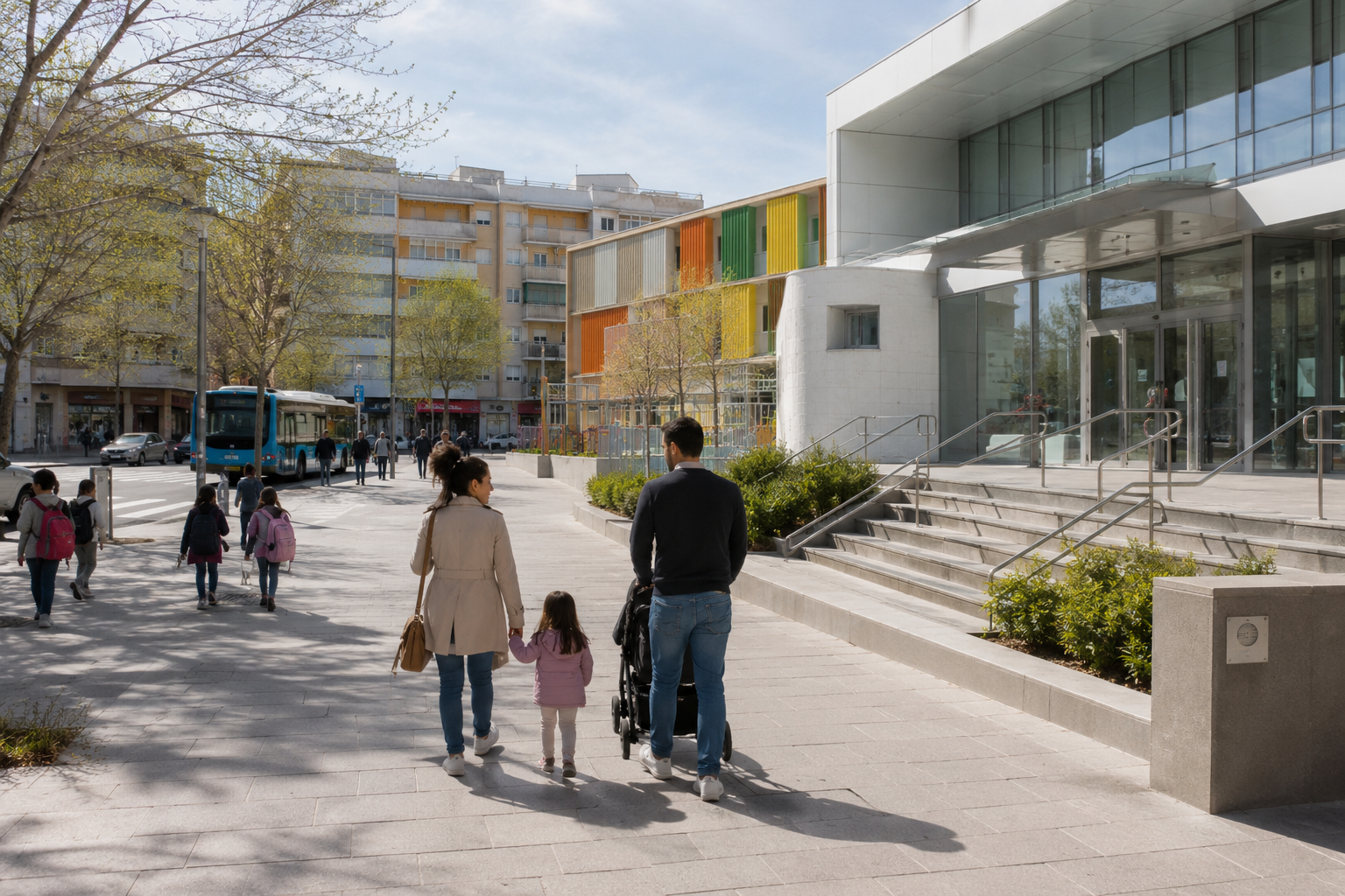 Ciudadanos utilizan servicios públicos en una zona urbana española mientras las comunidades autónomas reciben una financiación récord para 2026.