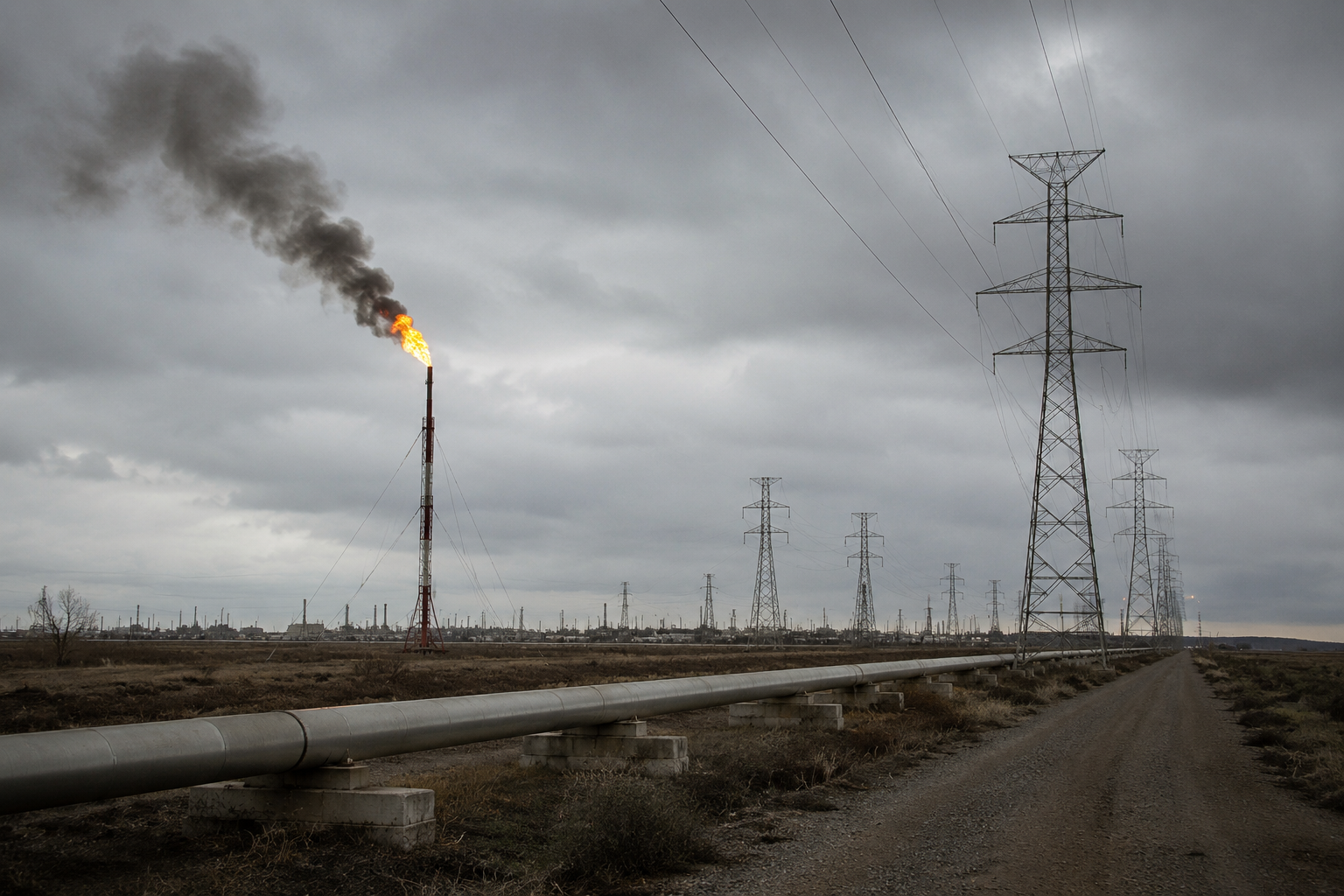 Infraestructura energética con un mechurrio de gas en funcionamiento y varias torres de alta tensión extendiéndose hacia el horizonte bajo un cielo gris, reflejando la presión sobre los costes energéticos en España.
