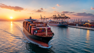 Buque portacontenedores transportando mercancías destinadas al comercio electrónico internacional, relacionado con la nueva tasa de la Unión Europea sobre pequeños paquetes procedentes de China.