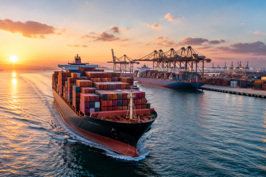 Buque portacontenedores transportando mercancías destinadas al comercio electrónico internacional, relacionado con la nueva tasa de la Unión Europea sobre pequeños paquetes procedentes de China.