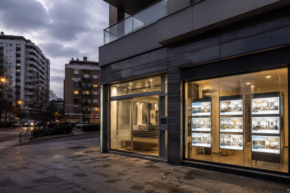 Inmobiliaria y oficina bancaria en un barrio residencial español al amanecer, reflejando el impacto de la subida de los tipos de interés del BCE sobre las hipotecas y el acceso a la vivienda.