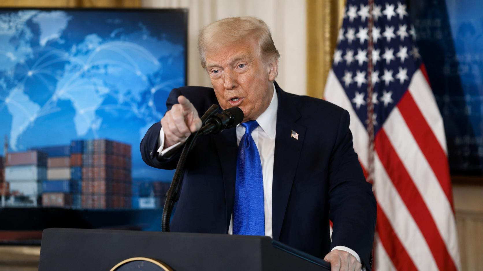 Donald Trump durante una comparecencia pública mientras anuncia nuevas amenazas de aranceles contra países europeos por los impuestos a las empresas tecnológicas.