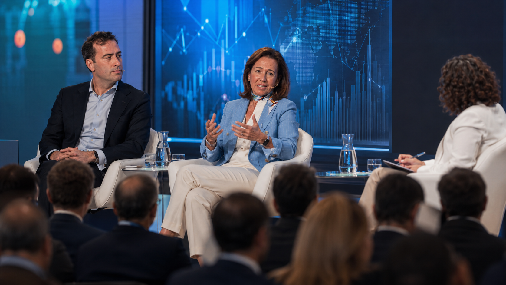 Ana Botín interviene en un foro económico junto a Carlos Cuerpo durante un debate sobre regulación, competitividad y crecimiento empresarial en Europa.