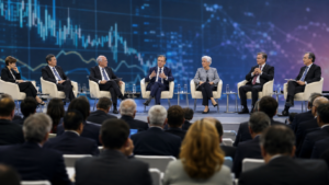 Responsables de bancos centrales durante un foro internacional debatiendo sobre el impacto de la inteligencia artificial en la inflación y la economía mundial.