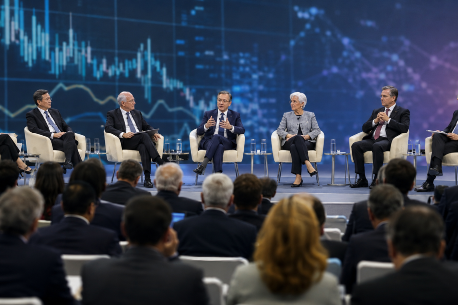 Responsables de bancos centrales durante un foro internacional debatiendo sobre el impacto de la inteligencia artificial en la inflación y la economía mundial.