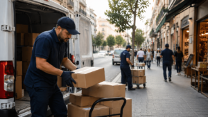 Trabajador de reparto descargando paquetes de una furgoneta, imagen representativa del crecimiento del empleo y la reducción del paro en España durante junio de 2026.