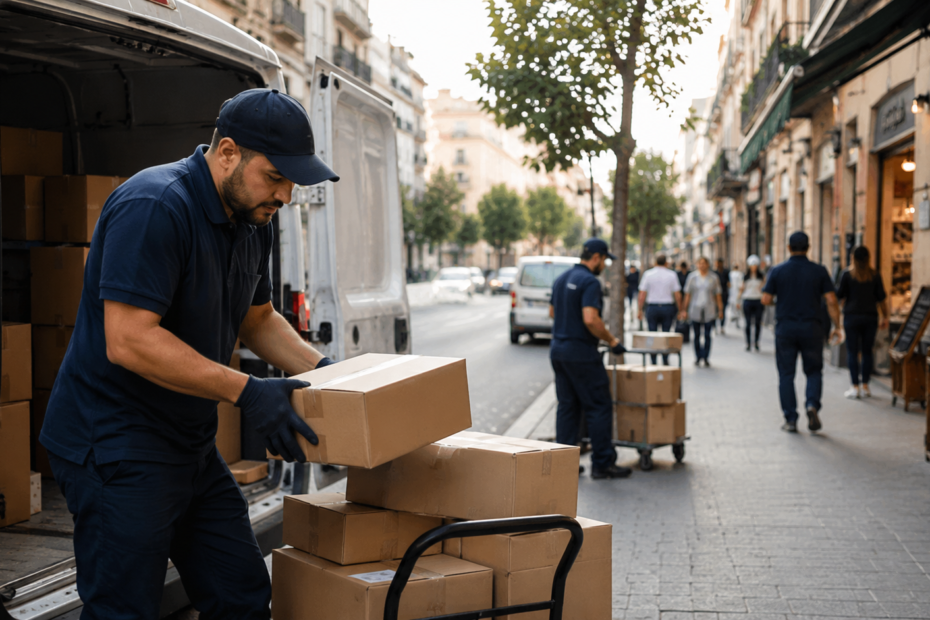 Trabajador de reparto descargando paquetes de una furgoneta, imagen representativa del crecimiento del empleo y la reducción del paro en España durante junio de 2026.