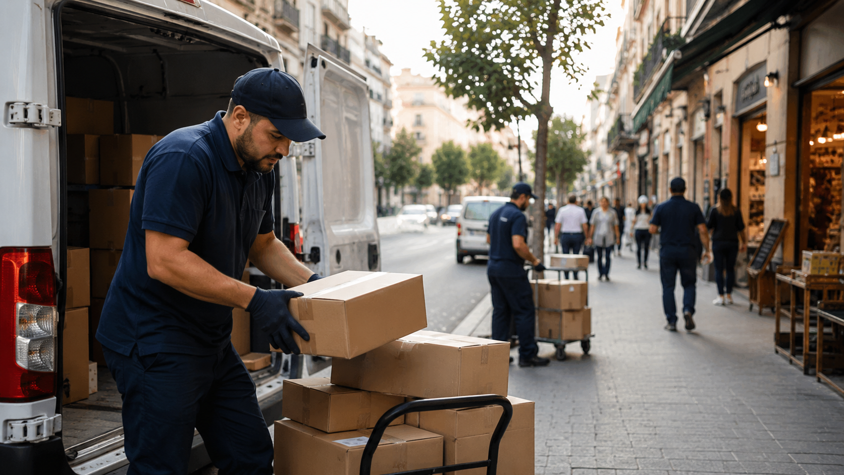 Trabajador de reparto descargando paquetes de una furgoneta, imagen representativa del crecimiento del empleo y la reducción del paro en España durante junio de 2026.