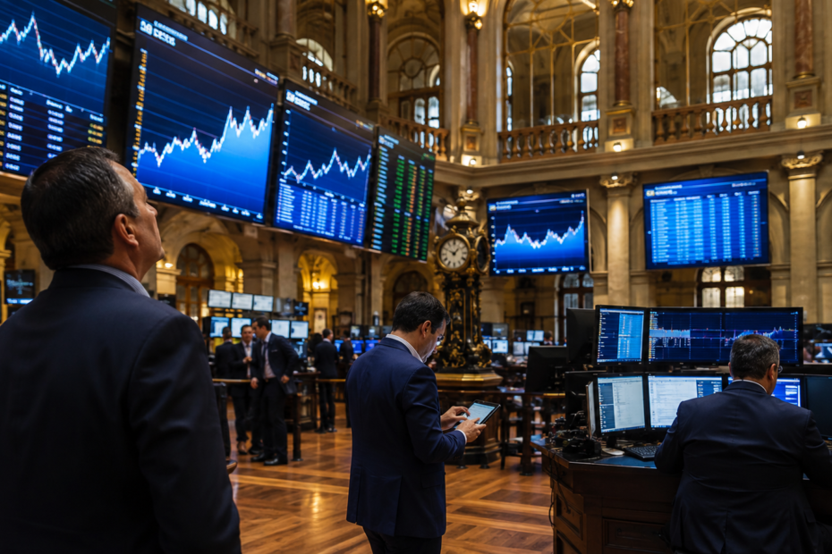 Paneles electrónicos mostrando la evolución del Ibex 35 en la Bolsa de Madrid durante una jornada en la que el índice alcanzó un nuevo máximo histórico.