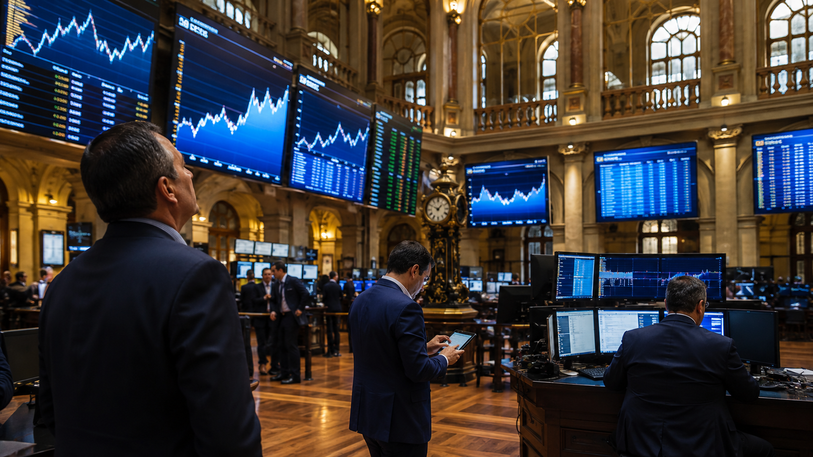 Paneles electrónicos mostrando la evolución del Ibex 35 en la Bolsa de Madrid durante una jornada en la que el índice alcanzó un nuevo máximo histórico.