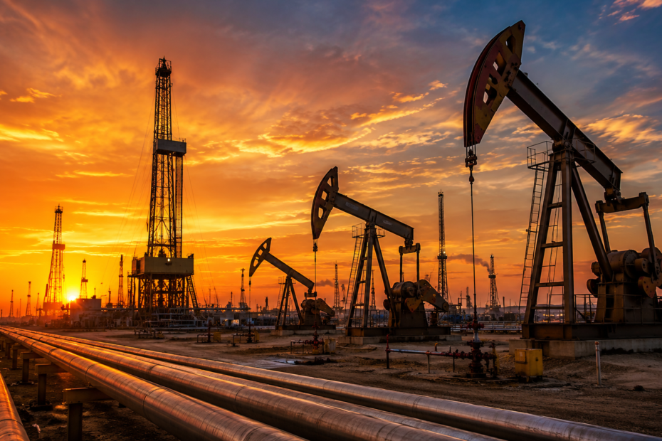 Bombas extractoras de petróleo funcionando en un campo petrolero al atardecer tras el anuncio de la OPEP+ de aumentar la producción de crudo.