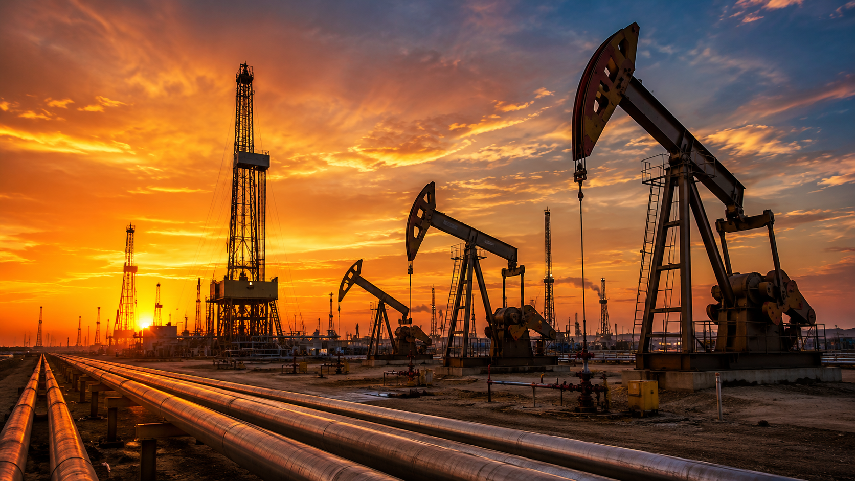Bombas extractoras de petróleo funcionando en un campo petrolero al atardecer tras el anuncio de la OPEP+ de aumentar la producción de crudo.